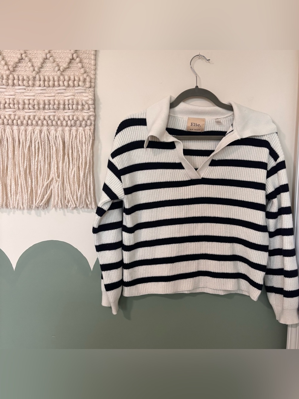 Elie Tahari Black and White Striped V-Neck Collared Sweater